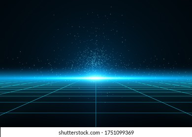 Perspective Blue Grid Floor, Flare Light, Glow, Sci-fi, 3D Illustration.