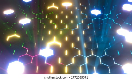 perspective of colorful sci-fi light shining through groove of futuristic honeycomb shape, background concept on 3d rendering image.