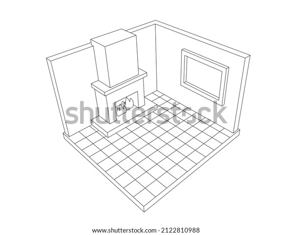 Perspective Drawing Empty Room Interior Fireplace: ภาพประกอบสต็อก ...