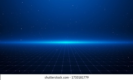 Perspective Grid. Abstract Background Shining Blue Floor Ground Particles Stars Dust With Flare. Futuristic Glittering In Space On Black Background.