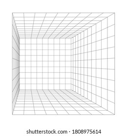 Perspective Grid Template, The Vanishing Point Is Not In The Center Of The Room. 3d Digital Illustration Isolated On White Background