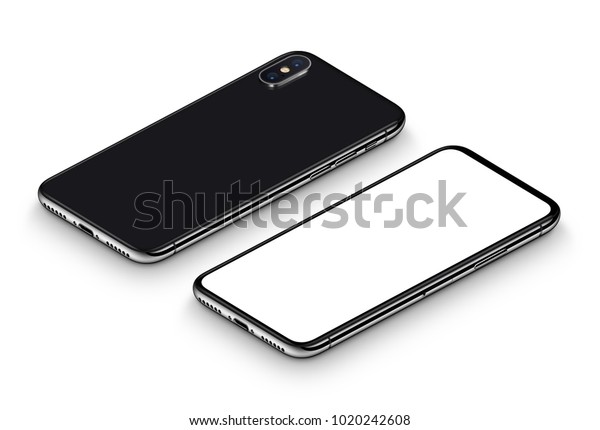影と遠近アイソメトリックスマートフォンモックアップ フレームレスのスマートフォンの前面と 空の白い画面と背面が表面に配置されています 白い背景に 3d イラスト のイラスト素材