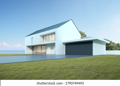 Perspective Of Modern House With Garage On Sea Background, Exterior. 3d Rendering	

