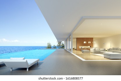 Perspective Of Modern Luxury Building With Terrace And Swimming Infinity Pool On Sea View Background,Idea Of Family Vacation. 3D Rendering.