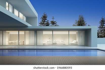 Perspective Of Modern Luxury House With Terrace And Swimming Pool In Night Sky Background, Exterior. 3d Rendering.