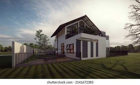 perspective modern tropical house 3d illustration.