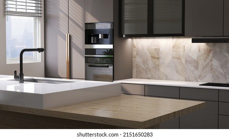 Perspective Realistic 3D Render, Modern Kitchen Cabinet Set With Blank Empty Wooden Island For Household Product Overlay Mock Up. Background, Window, Sunlight, Countertop, Wood Grain, Washing Sink.