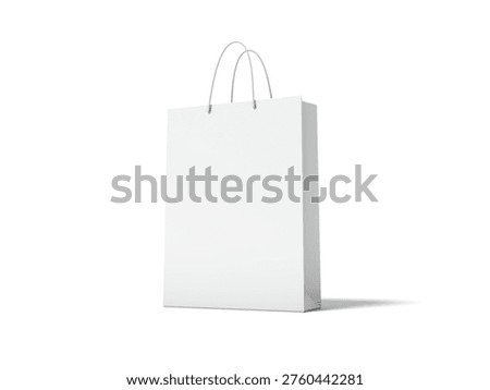 Perspective side view mockup of a blank white paper shopping bag with string handles isolated on white background