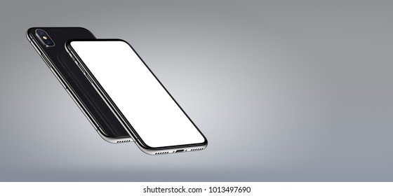 Perspective smartphone mockup banner with copyspace. Perspective smartphones mockup front and back side. New modern black frameless smartphones with blank white screen and back side. 3D illustration.
