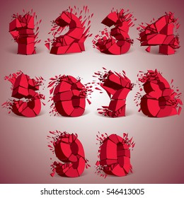 Perspective technology demolished red numbers with black lines and dots connected, polygonal wireframe font. Explosion effect, set of abstract faceted math elements cracked into multiple fragments.
