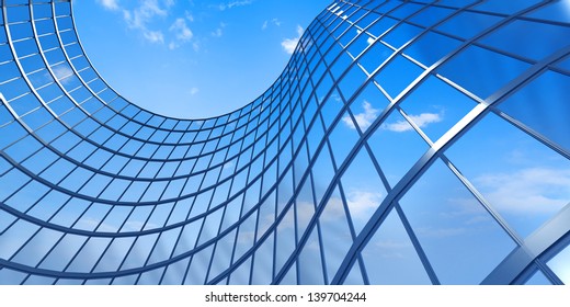 Perspective and underside angle view to textured background of modern glass building skyscrapers over blue cloudy sky