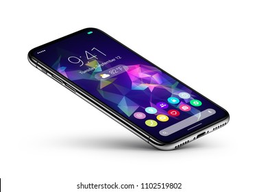 Perspective Veiw Smartphone With Material Design Flat UI Interface Rests On One Corner. Mobile Apps Icons Home Screen On The Display. Android Phone Concept. Isolated With Shadow. 3D Illustration.