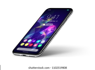 Perspective veiw smartphone with material design flat UI interface with shadow. Mobile apps icons home screen on the display. Android phone concept. Isolated on white background. 3D illustration.
