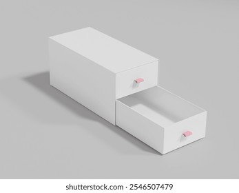 Perspective view of 2 layers drawer box isolate on background, empty slide-open box mockup, pull-open box with ribbon container, empty labeled small square cabinet storage, square double tray box
