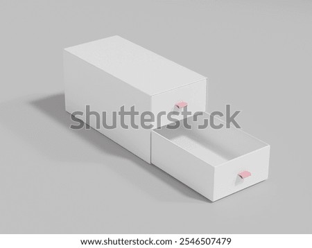 Perspective view of 2 layers drawer box isolate on background, empty slide-open box mockup, pull-open box with ribbon container, empty labeled small square cabinet storage, square double tray box