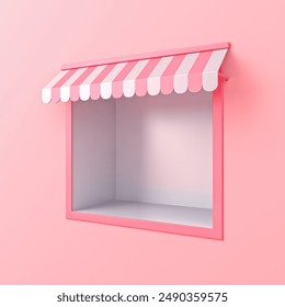 Perspective view blank box shelf niche exhibition booth store showcase with pink striped awning or display shop kiosk in pink pastel color wall mockup template background minimal concepts 3D rendering