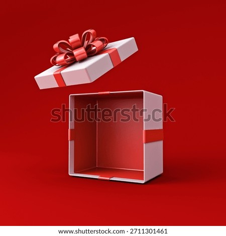Perspective view blank white gift box mockup exhibition booth stand or opened present box with red ribbon bow isolated on dark red background with shadow minimal creative idea conceptual 3D rendering