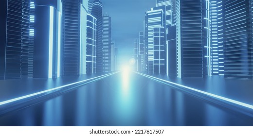 Perspective View Dark Blue City Road With Light Reflection Building Background For Technology Concept. 3D Illustration Rendering.