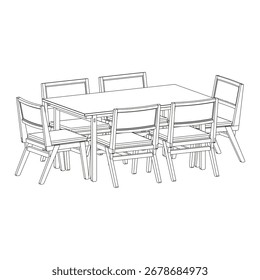 Perspective view of a dining set with one rectangular table and six chairs, providing ample seating, suitable for gatherings and medium-sized dining rooms.