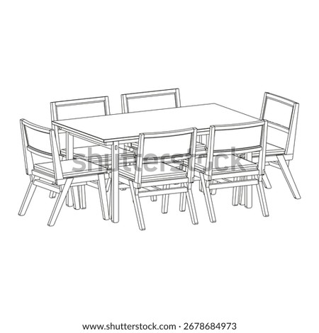 Perspective view of a dining set with one rectangular table and six chairs, providing ample seating, suitable for gatherings and medium-sized dining rooms.