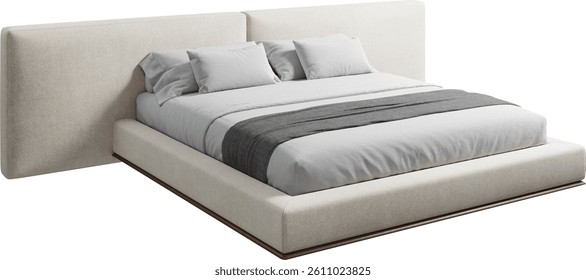 Perspective view of double bed with headboard and blanket