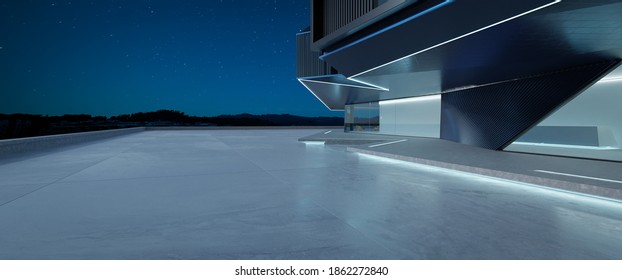 Perspective View Of Empty Cement Floor With Steel And Glass Modern Building Exterior.  Night Scene. Photorealistic 3D Rendering.