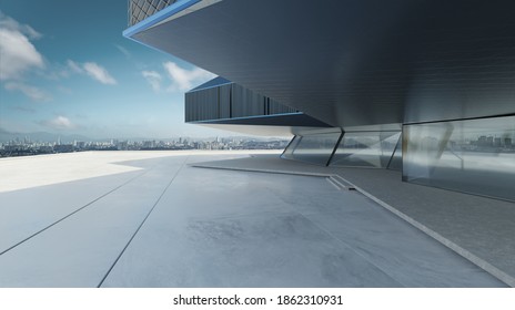 Perspective View Of Empty Cement Floor With Steel And Glass Modern Building Exterior.  Morning Scene. Photorealistic 3D Rendering.