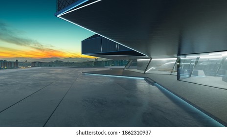 Perspective view of empty cement floor with steel and glass modern building exterior.  Early morning scene. Photorealistic 3D rendering.
