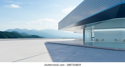 Perspective view of empty cement floor with steel and glass modern building exterior.  Morning scene. Photorealistic 3D rendering.