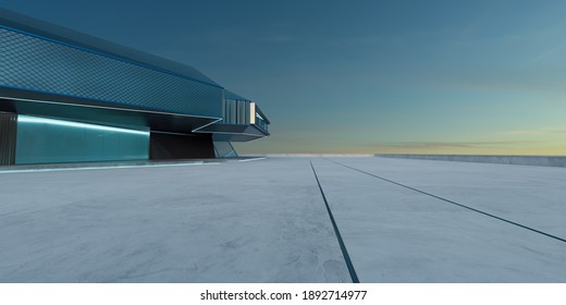 Perspective view of empty cement floor with steel and glass modern building exterior.  Morning scene. Photorealistic 3D rendering.