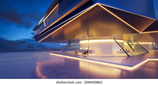 Perspective View Of Empty Cement Floor With Steel And Glass Modern Building Exterior.  Night Scene. Photorealistic 3D Rendering.