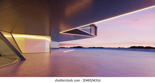 Perspective View Of Empty Cement Floor With Steel And Glass Modern Building Exterior.  Night Scene. Photorealistic 3D Rendering.