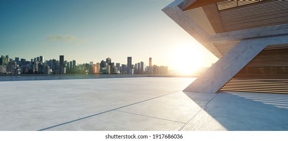 Ausblick auf den leerstehenden Betonboden mit Zementstruktur und Fassade aus Holz. 3D-Darstellung. Gemischte Medien.