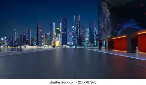 Perspective view of empty floor with modern building and beautiful nigh city background. 3d rendering