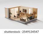 Perspective view living room muji style open inside interior architecture 3d rendering	
