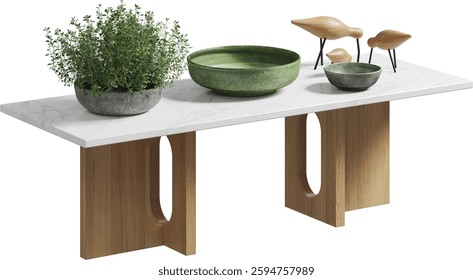 Perspective view of marble coffee table with plant on top