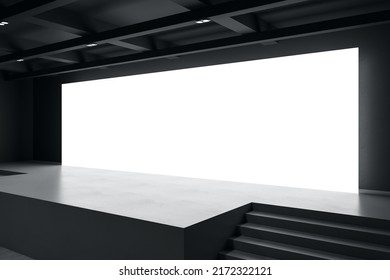 Perspective View On Big Blank White Illuminated Screen With Place For Your Text Or Logo In Empty Huge Hall With Stage And Stairway. 3D Rendering, Mockup