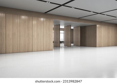 Perspective view on big spacious hall with blank light floor for product presentation on wooden wall partition background. 3D rendering, mock up