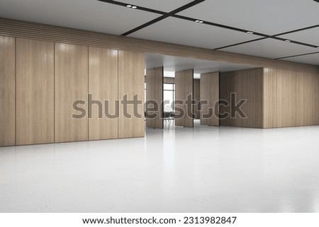 Perspective view on big spacious hall with blank light floor for product presentation on wooden wall partition background. 3D rendering, mock up