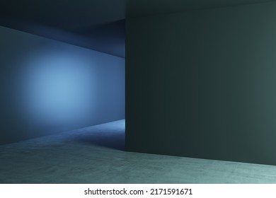 Perspective view on blank black wall with place for your poster or advertising banner in abstract dark empty hall with concrete floor. 3D rendering, mock up