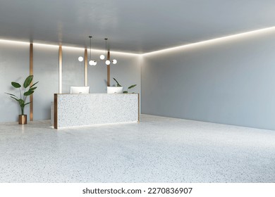 Perspective view on blank grey wall background with place for advertising poster or logo brand in spacious office with stylish reception desk and concrete floor. 3D rendering, mockup
