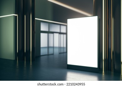 Perspective View On Blank White Illuminated Screen With Place For Your Logo Or Text Between Golden Pillars In Dark Empty Room With Green Wall. 3D Rendering, Mock Up