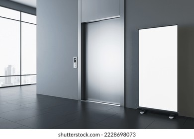 Perspective view on blank white poster on dark glossy floor in spacious modern office hall with grey wall, metallic elevator doors and city view from panoramic windows. 3D rendering, mock up