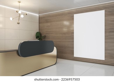 Perspective view on blank white poster with place for your logo on slatted wooden wall in spacious reception area hall with golden desk, glossy floor and light wall background. 3D rendering, mockup