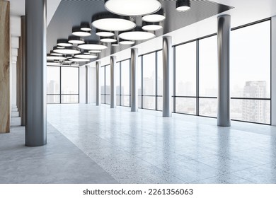Perspective view on panoramic window with city view background in modern business center hall with illuminated round lamps and metallic pillars on concrete floor. 3D rendering