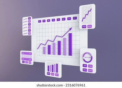 Perspective view on project statistics, financial data, growing sales charts, report preparation and data synchronization white card windows with purple graphs on abstract background. 3D rendering - Powered by Shutterstock