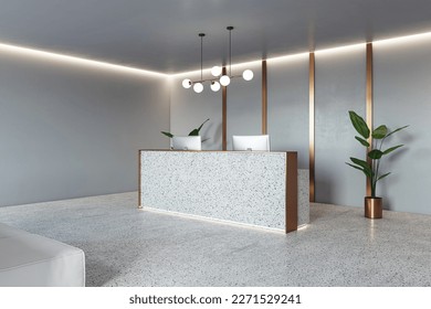 Perspective view on stylish reception desk with modern computers on concrete floor with green plants in golden pots on light grey wall background with golden decoration. 3D rendering