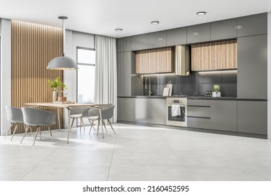 Perspective View On Stylish Sunny Kitchen Room With Modern Glossy Grey Kitchen Set And Furniture, Stylish Lamp From Top, Ceramic Tale Floor And City View From Big Window. 3D Rendering