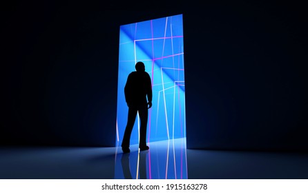 Perspective view of Person go to the illuminated color neon tunnel with blue lights. 3d rendering - Powered by Shutterstock