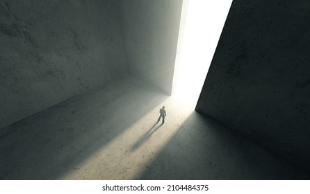 Perspective view of Person go to the opened doors with lights. 3d rendering